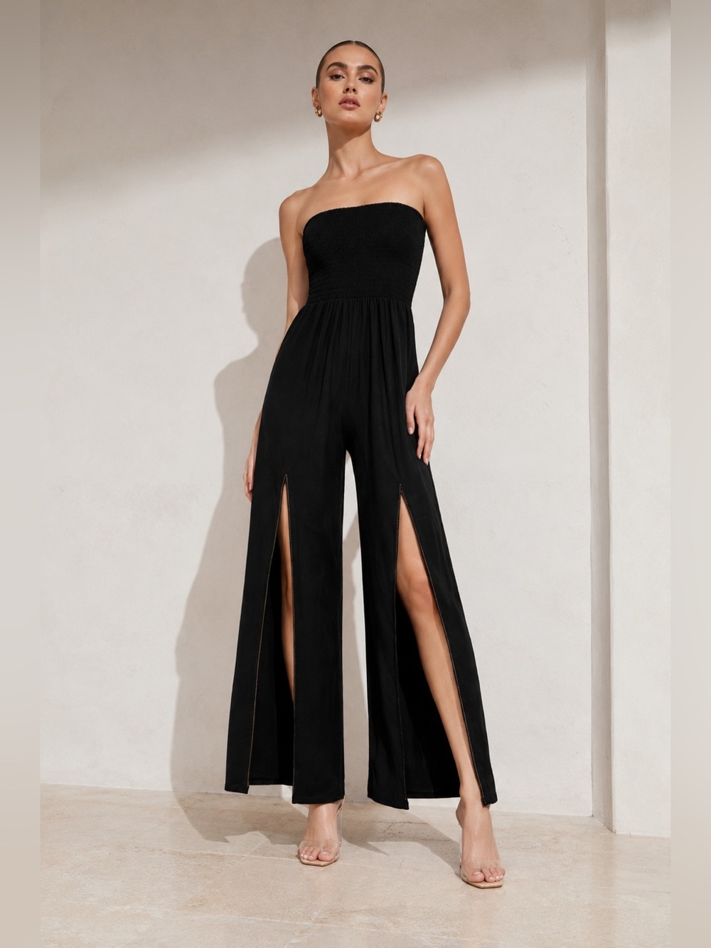 Cupshe Black Strapless Smocked Wide Leg Jumpsuit Vacation Resort NWT